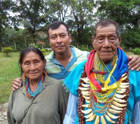Gabriel (centre), our indigenous guide and representative, with Taita Querubín (right) - "el Taita Tigre" - and his wife (left), in Putumayo. Photo: J. Imbachi