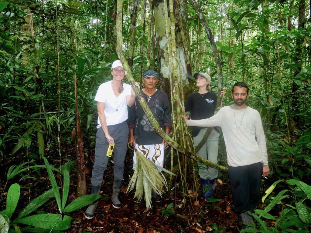 International guests and master shaman Don Guido by a Huarmi Renaco vine in the Amazon jungle surrounding our retreat centre.